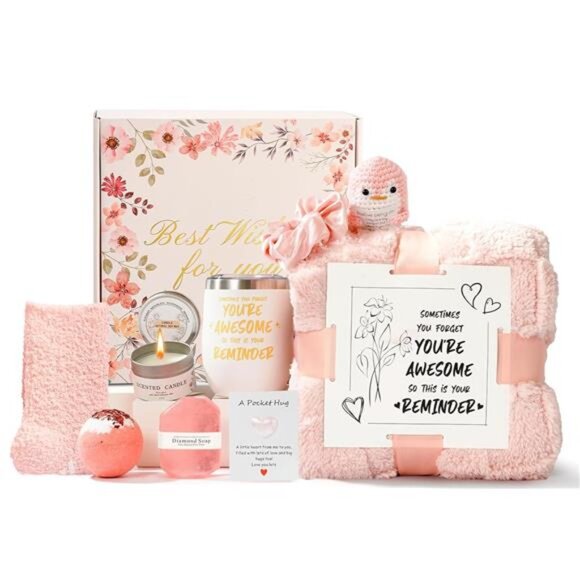 Self Care Gift Basket for Women, Luxury Spa Gift Basket with Blanket, Vanilla - Picture 1 of 7